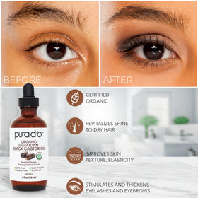 PURA D'OR applying castor oil to brows with wand for targeted grooming benefit