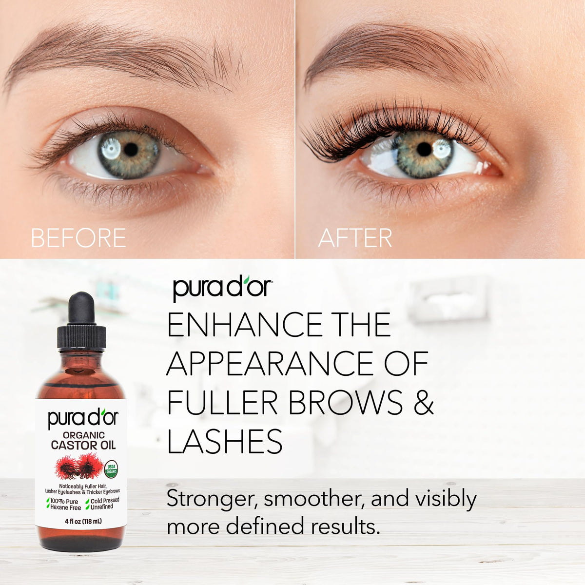 PURA D'OR applied with spoolie to lashes demonstrating gentle conditioning benefit