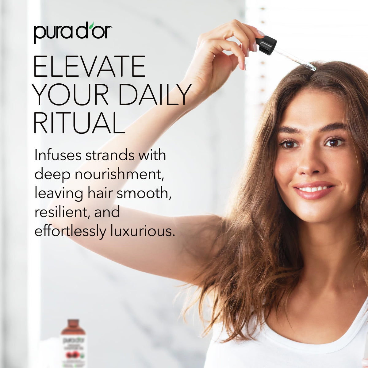 PURA D'OR brush applying oil to eyebrow for conditioning and fuller appearance