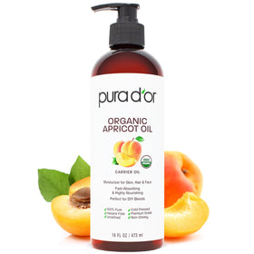 PURA D'OR front packaging showing organic apricot oil bottle and benefits