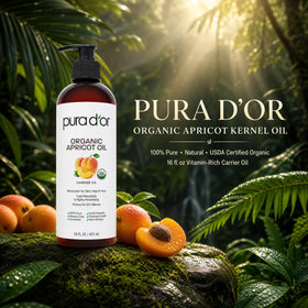 PURA D'OR oil pouring from bottle illustrating smooth, quick-absorbing glide
