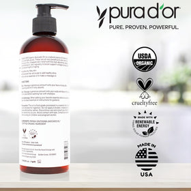 PURA D'OR bottle next to a measuring cup showing 16 oz scale and value benefit