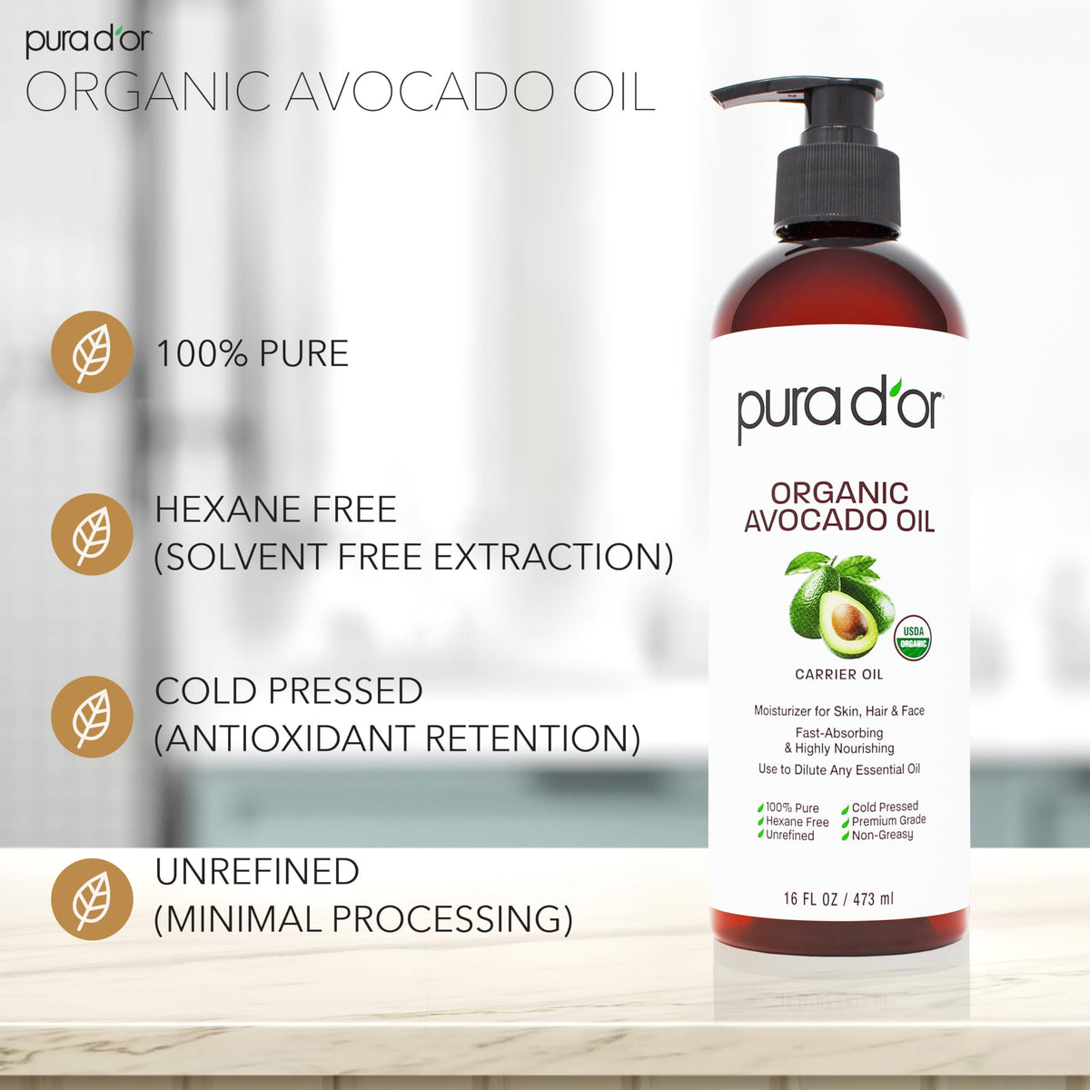 PURA D'OR oil pouring close-up highlights smooth texture and easy absorption benefit