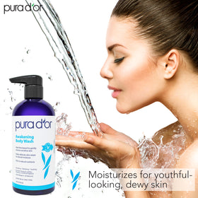 PURA D'OR bottle beside aloe leaf illustrating natural aloe soothe benefit