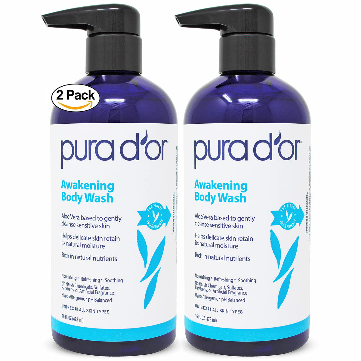 PURA D'OR front packaging showing two bottles and value set for easy restocking
