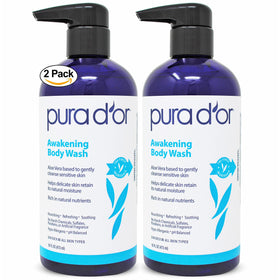 PURA D'OR front packaging showing two bottles and value set for easy restocking