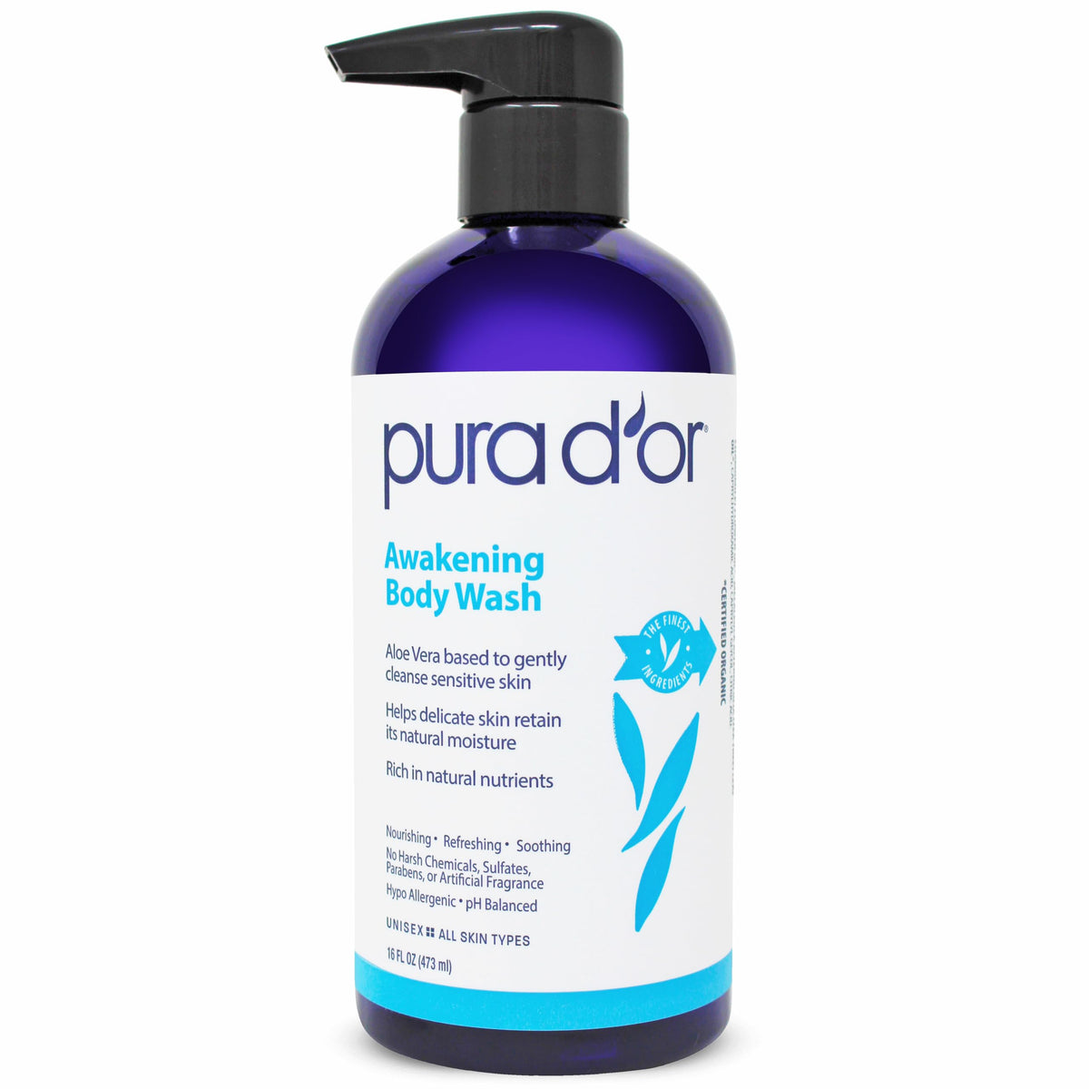 PURA D'OR front packaging showing bottle and 16 oz label and benefit