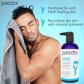 PURA D'OR pump and label detail highlighting ingredients and clean formula benefit