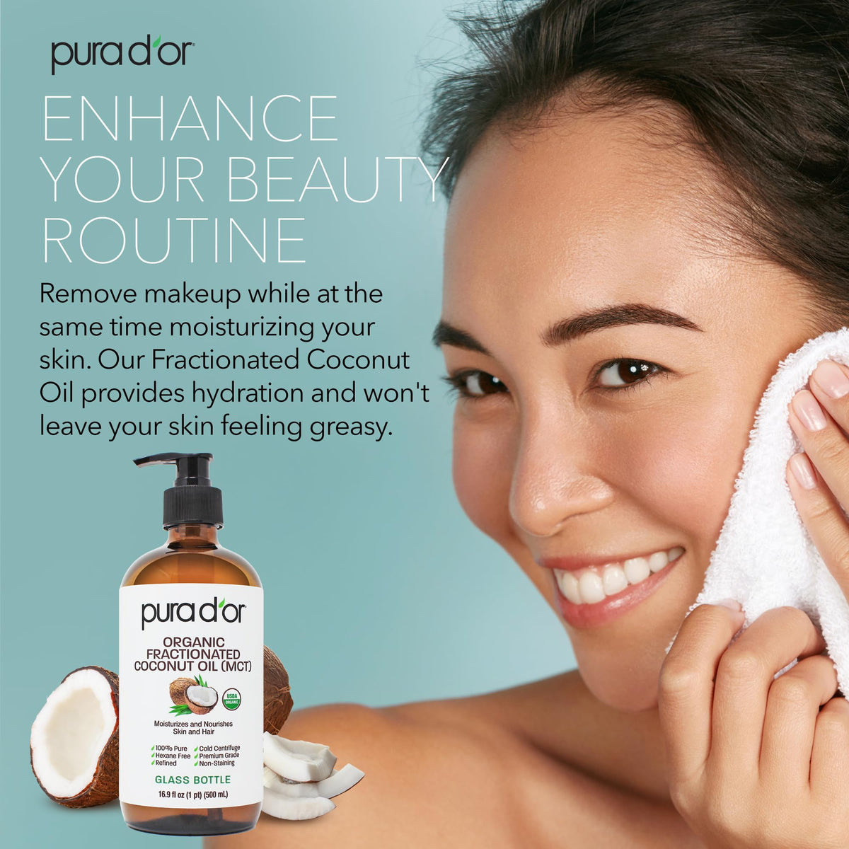 PURA D'OR on bathroom shelf beside towel for daily moisturizing routine