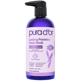 PURA D'OR front bottle view showing calming lavender packaging and benefits