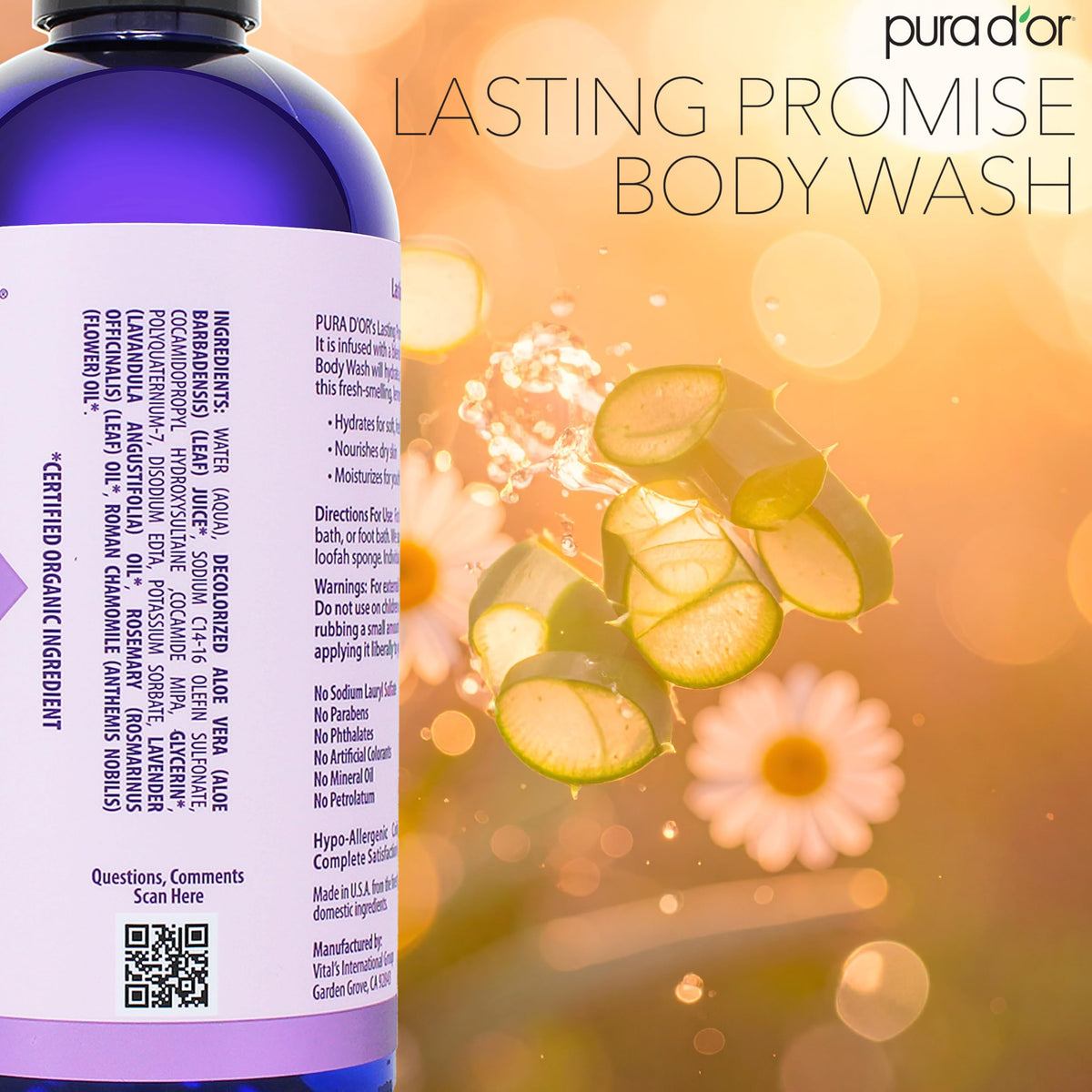 PURA D'OR in-shower use with loofah showing relaxing lavender routine