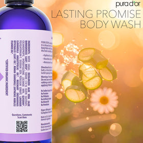 PURA D'OR in-shower use with loofah showing relaxing lavender routine