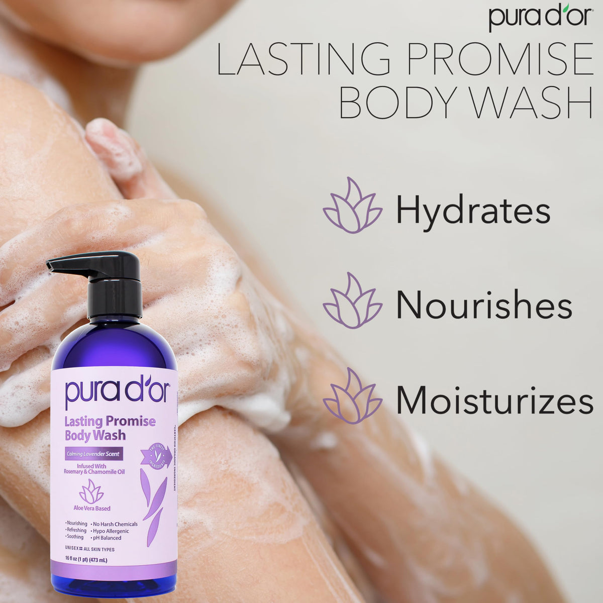 PURA D'OR pump and label close-up highlighting ingredients and clean formula