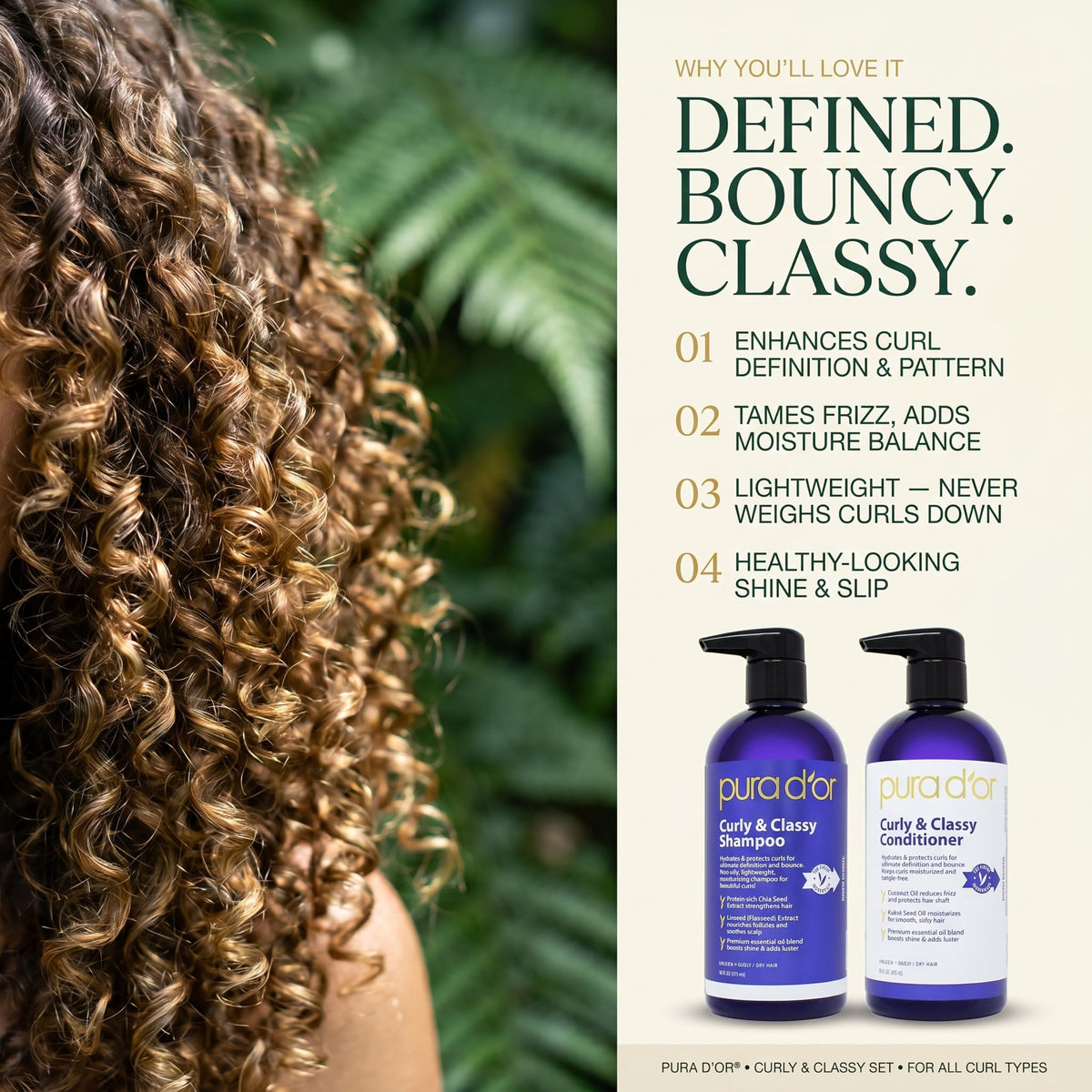 PURA D'OR botanical oils arrangement highlighting natural nourishment for curls