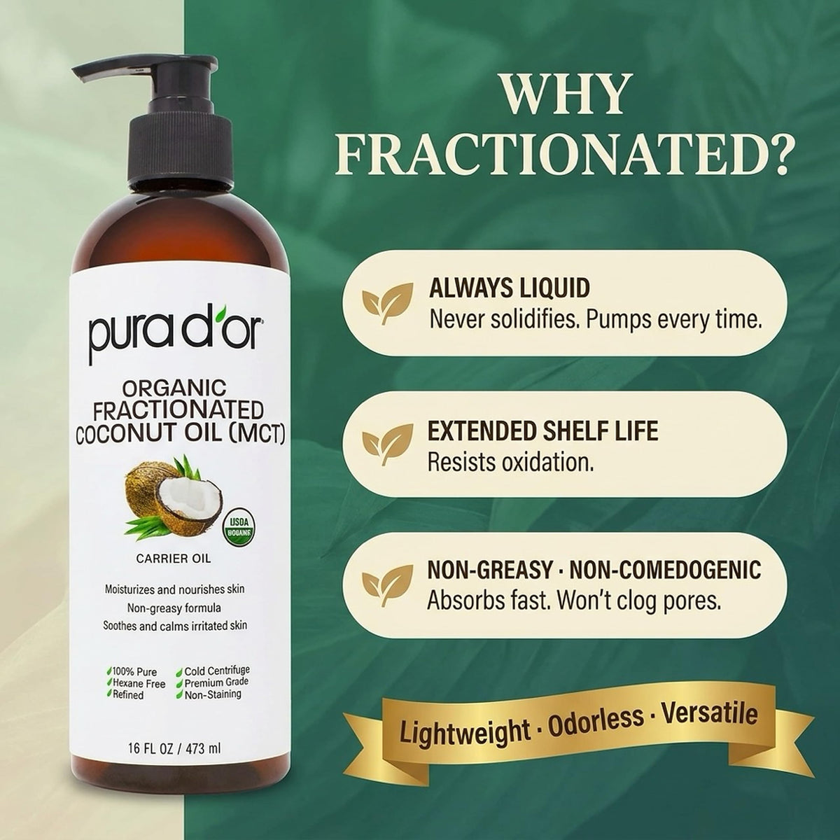 PURA D'OR bottle with essential oils showing ideal carrier oil for blends