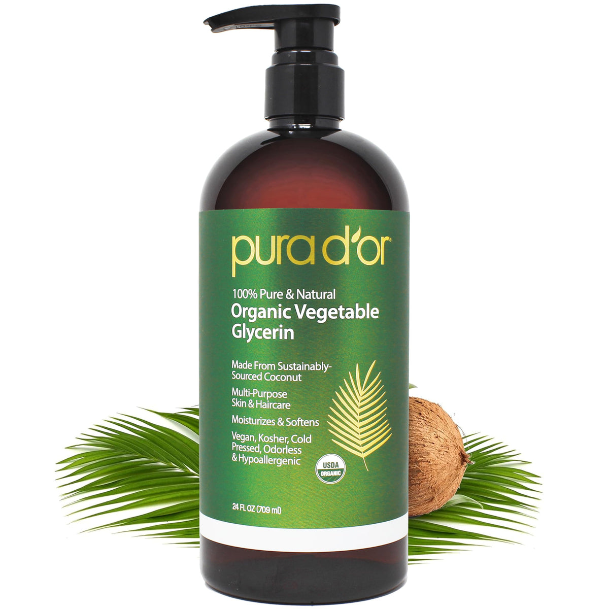 PURA D'OR front bottle showing label and organic certifications for informed purchases