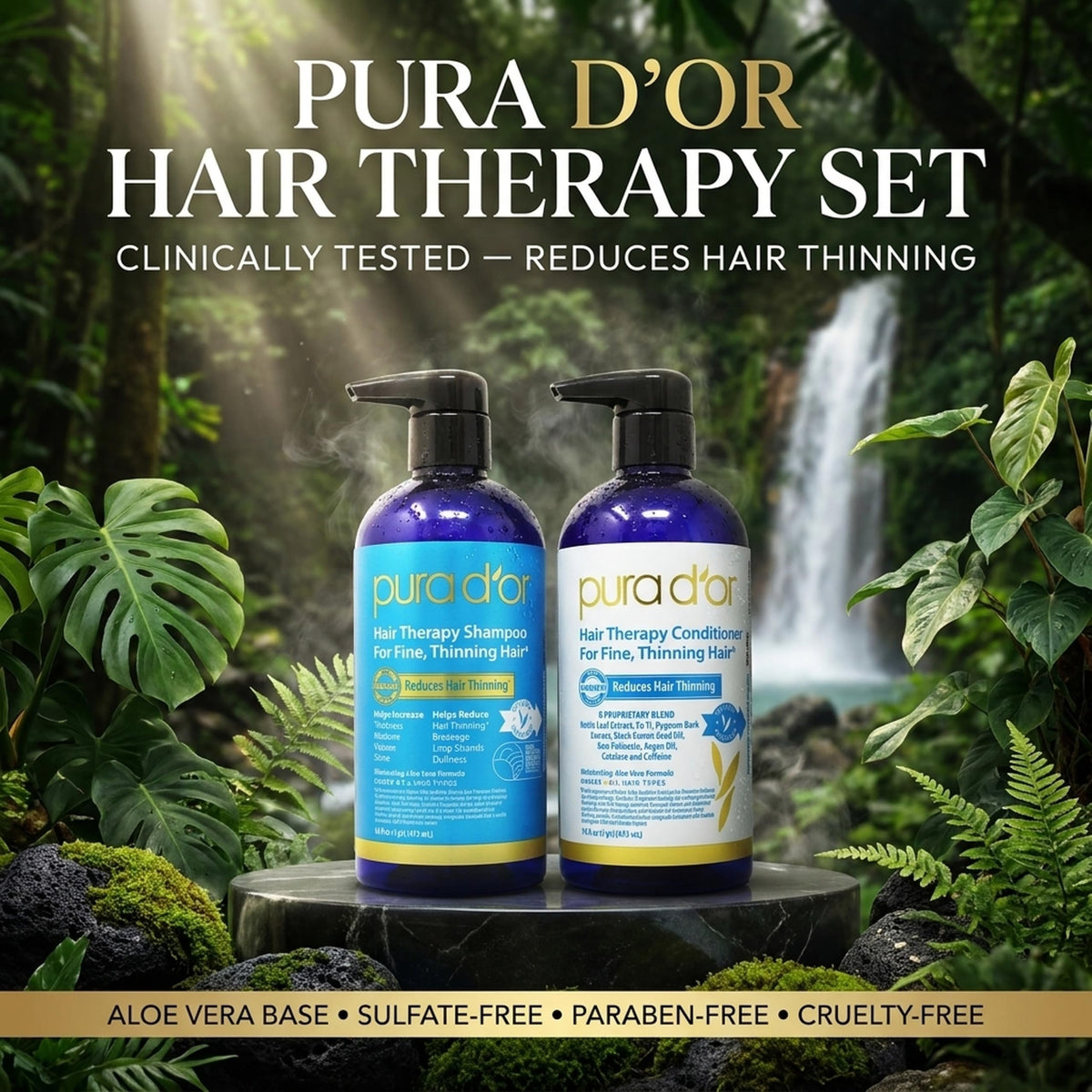 PURA D'OR bottle label close-up highlighting key ingredients and benefits