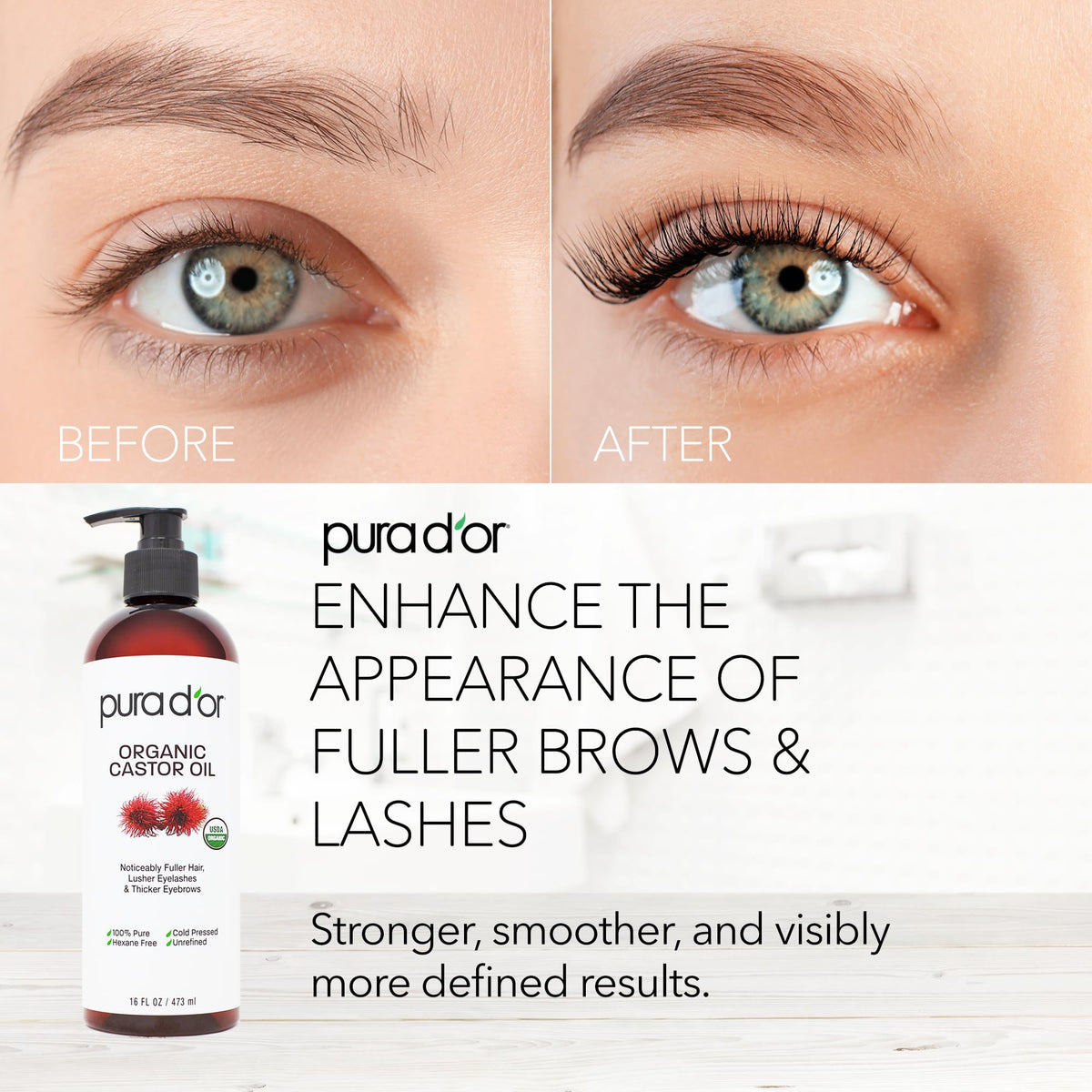 PURA D'OR applied to lashes and brows with spoolie for conditioning