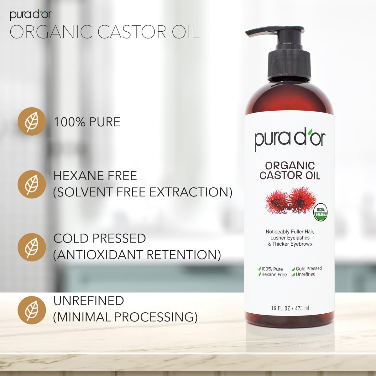 PURA D'OR 16 oz bottle beside everyday items to show size