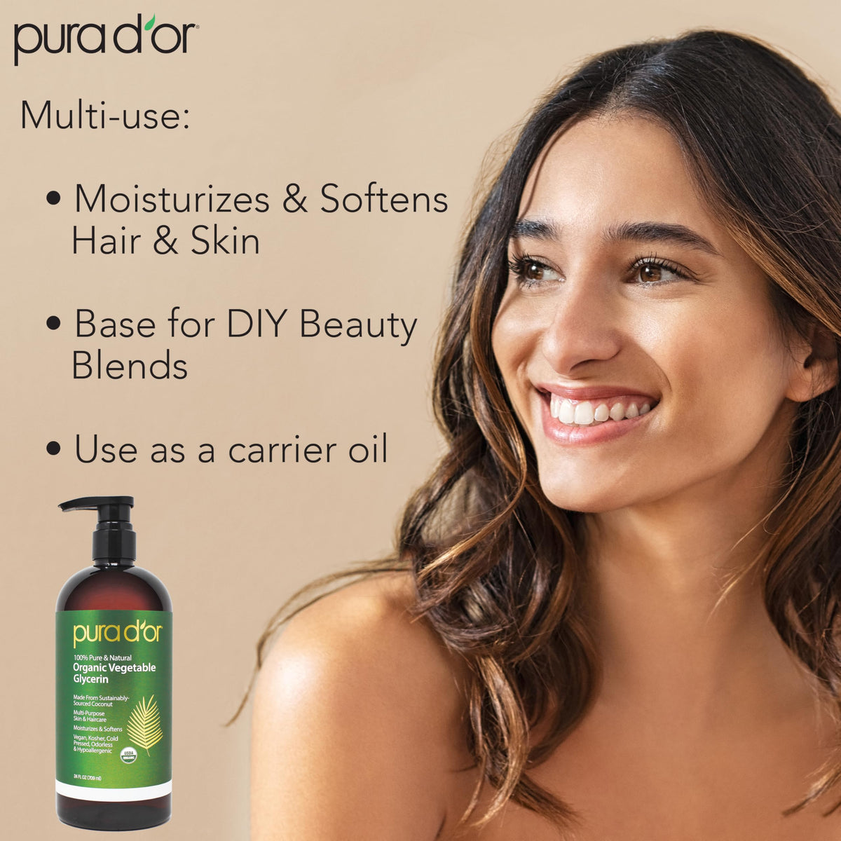 PURA D'OR clear glycerin texture close-up highlighting smooth, odorless formula