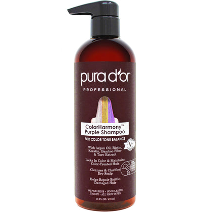 PURA D'OR front packaging showing both purple shampoo and conditioner for toning and hydration