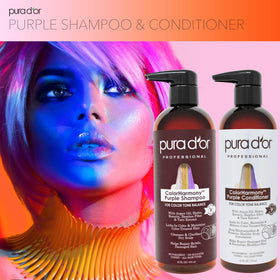 PURA D'OR duo in bathroom lifestyle scene demonstrating everyday toning and color care