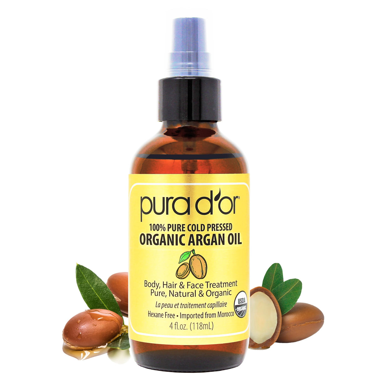 PURA D'OR front bottle view showing organic argan oil and clear labeling for trust