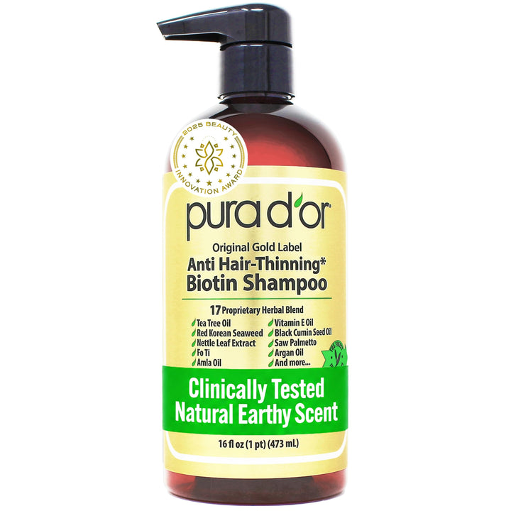 PURA D'OR front bottle showing gold label and clean-beauty benefits