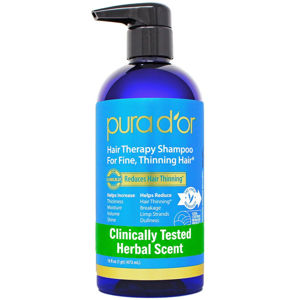PURA D'OR front bottle showing label and 16 fl oz size for clear product ID and benefits