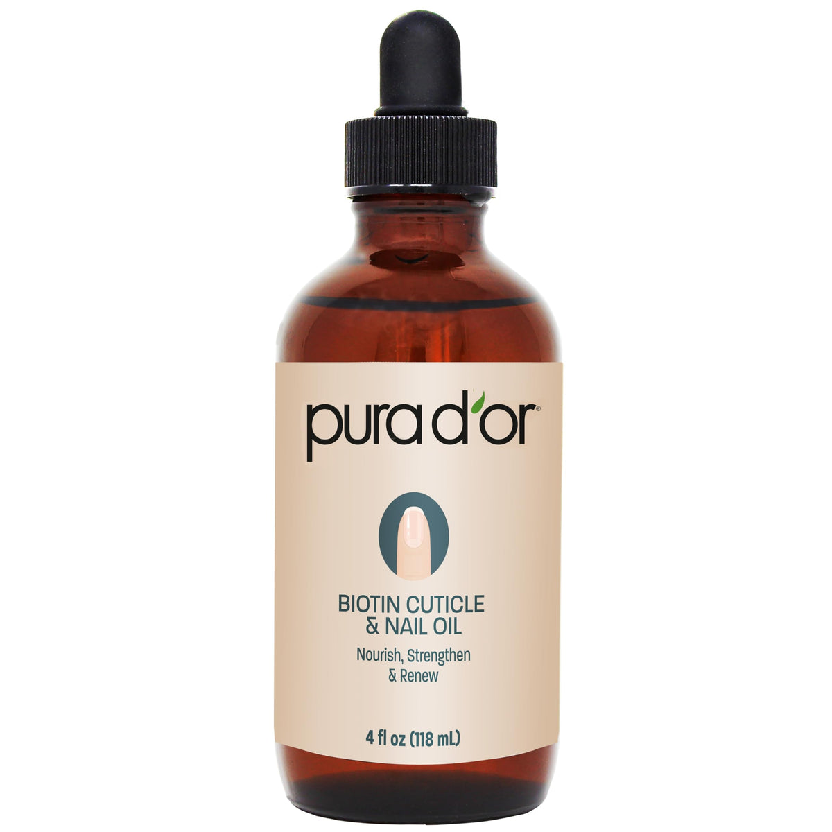 PURA D'OR front bottle showing label and dropper for easy application
