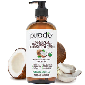 PURA D'OR front glass bottle showing label and size with clean presentation