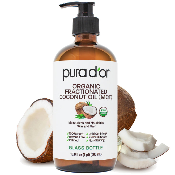 PURA D'OR front glass bottle showing label and size with clean presentation