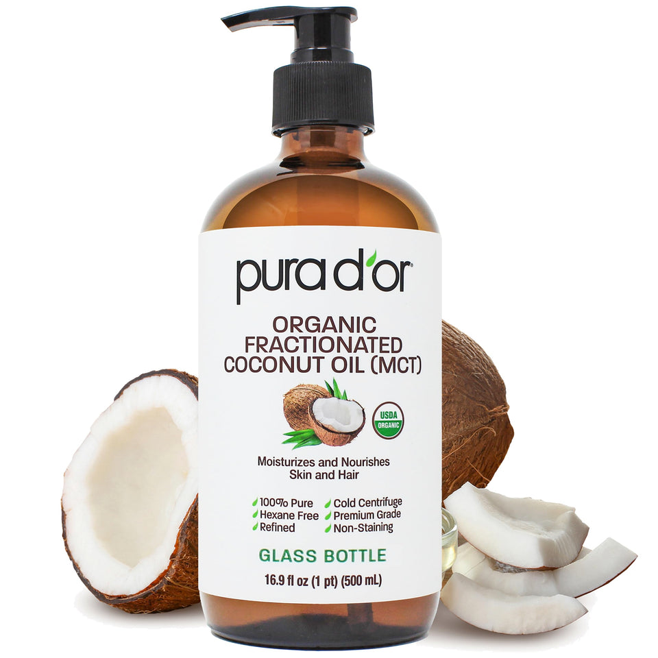 PURA D'OR front glass bottle showing label and size with clean presentation