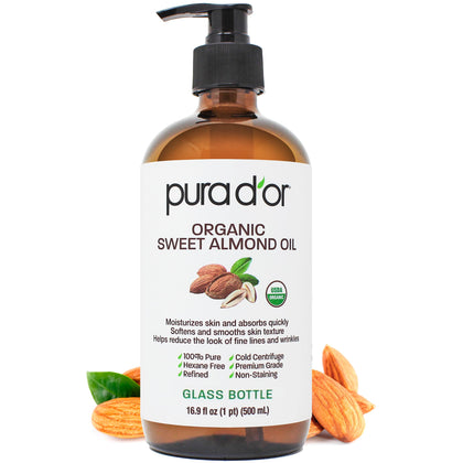 PURA D'OR front glass bottle showing organic label and size