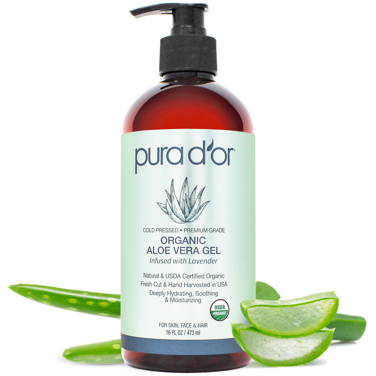 PURA D'OR front label showing USDA organic seal and lavender scent benefit