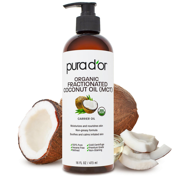 PURA D'OR front label of 16 oz bottle showing organic branding and size benefit