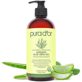 PURA D'OR front label of 16 oz bottle showing product and benefits