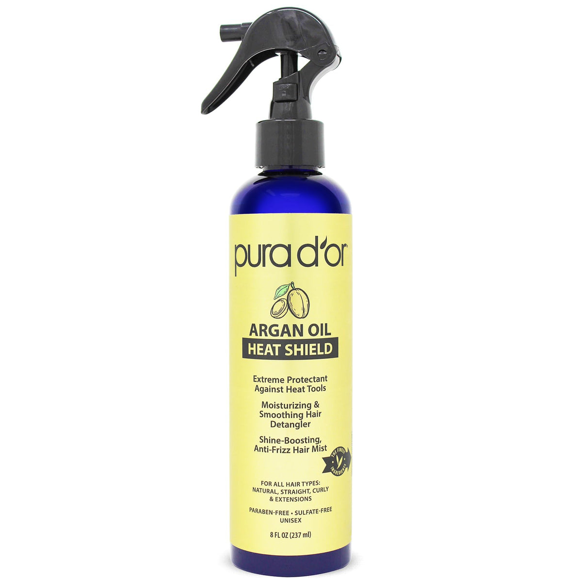 PURA D'OR front packaging of heat protectant spray showing bottle benefit