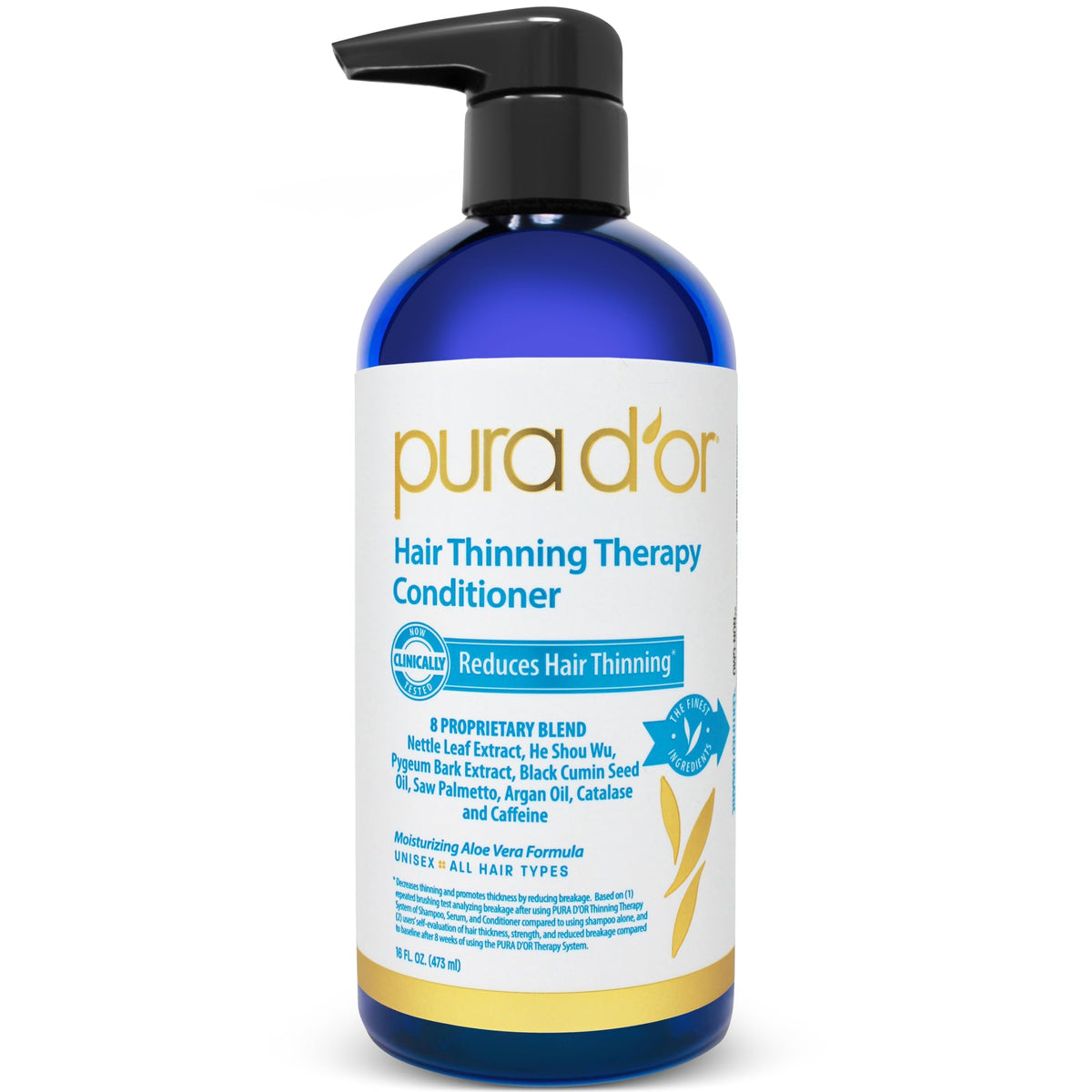 PURA D'OR front packaging bottle showing label and benefits for fuller hair