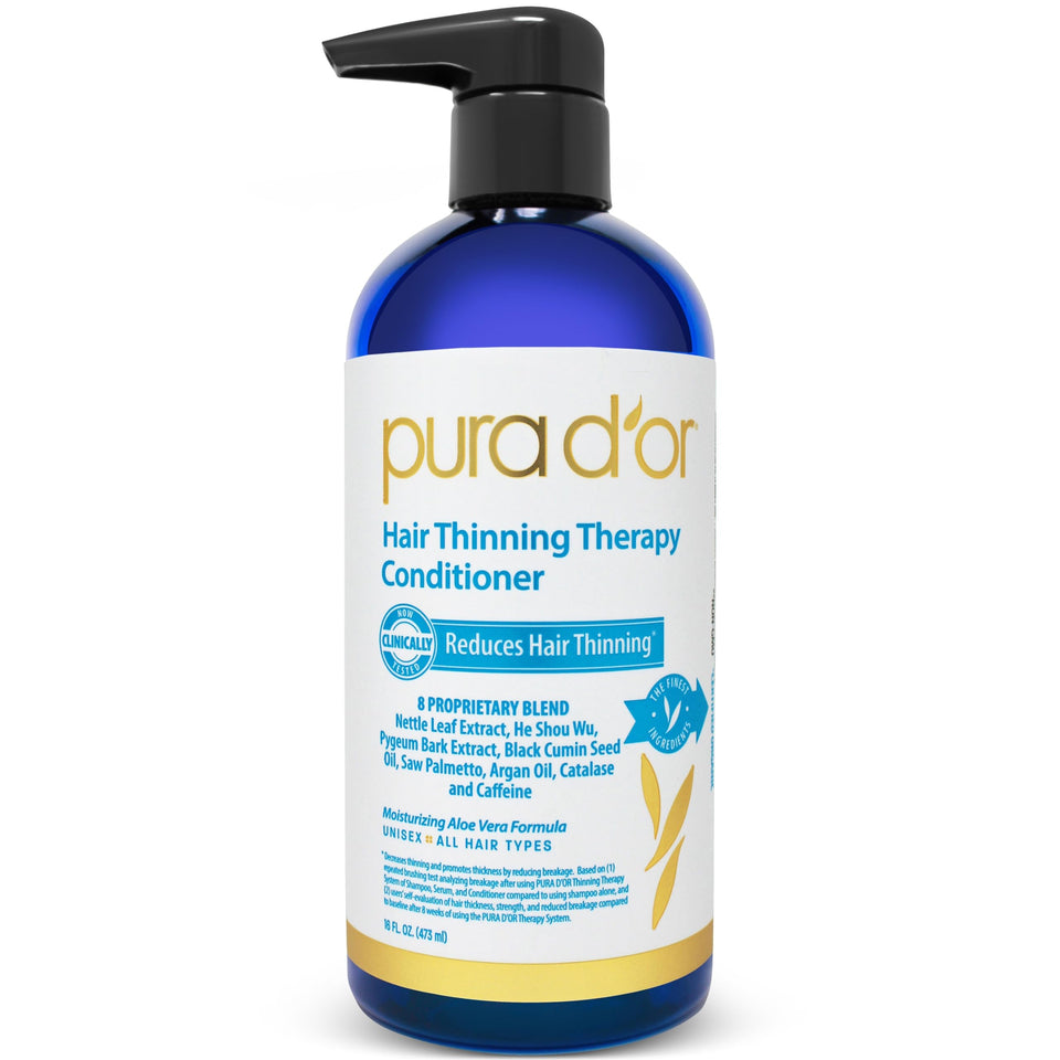 PURA D'OR front packaging bottle showing label and benefits for fuller hair