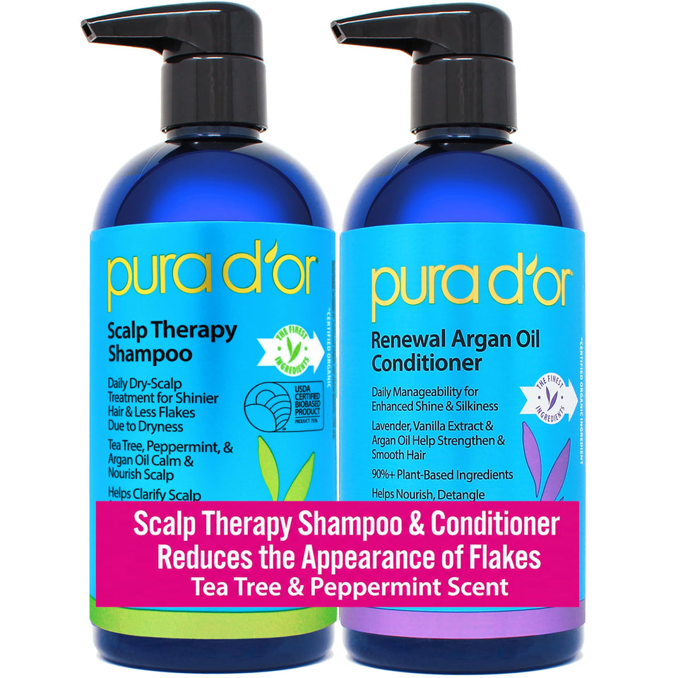 PURA D'OR front packaging set showing shampoo and conditioner for soothing scalp relief