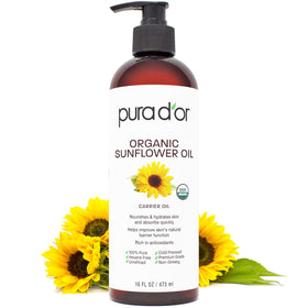 PURA D'OR front packaging showing certified organic sunflower oil benefit: purity