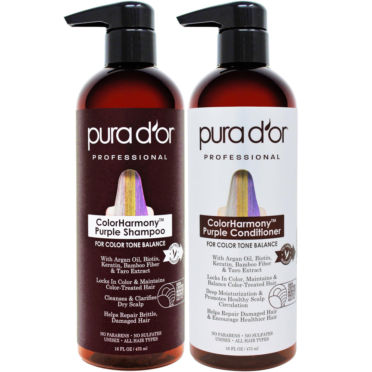 PURA D'OR front packaging showing purple shampoo and conditioner duo for toning