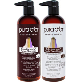 PURA D'OR front packaging showing purple shampoo and conditioner duo for toning
