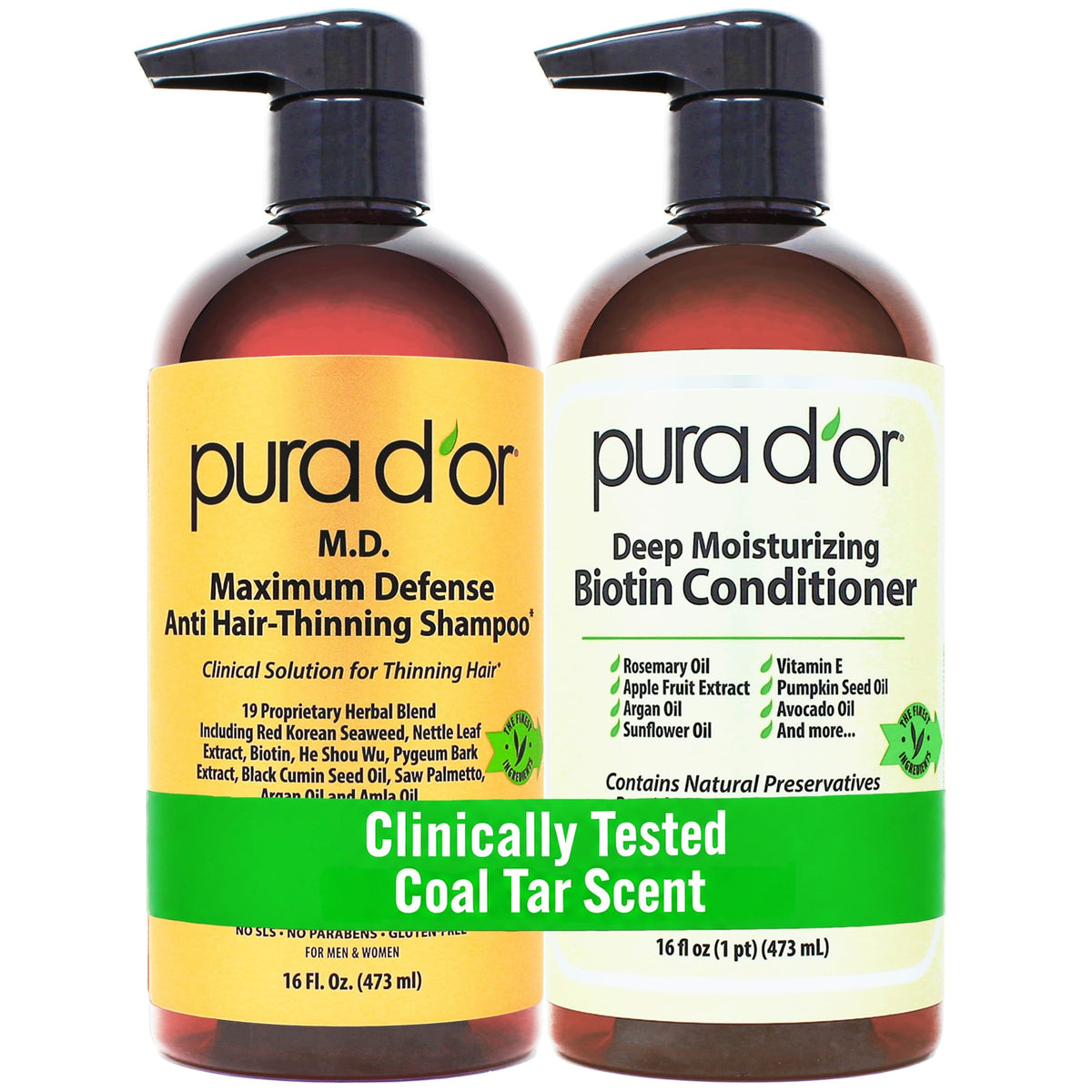 PURA D'OR front packaging showing full shampoo and conditioner set and benefits