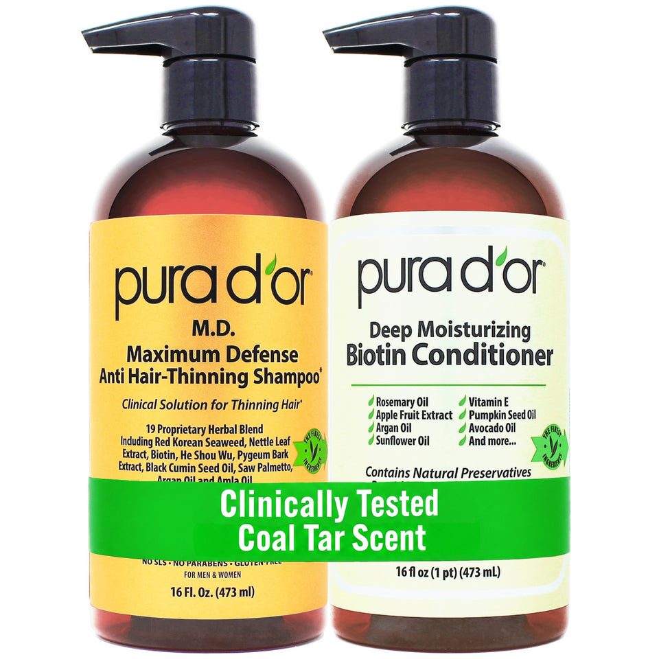 PURA D'OR front packaging showing full shampoo and conditioner set and benefits