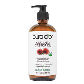 PURA D'OR glass bottle front view showing organic label and premium packaging benefit