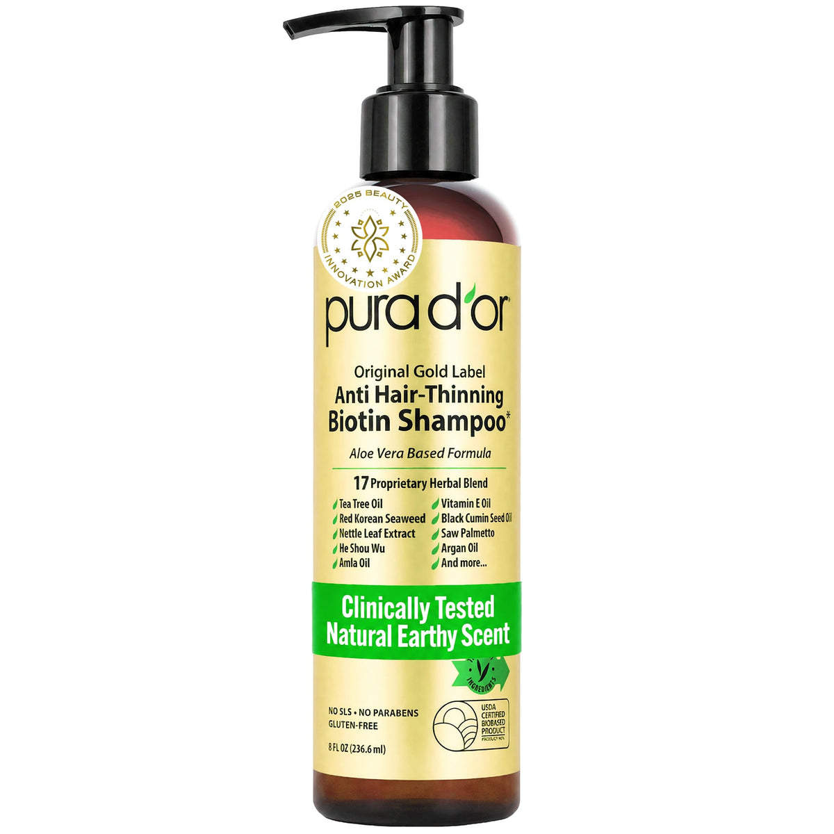 PURA D'OR front bottle packaging showing label and natural earthy scent benefit