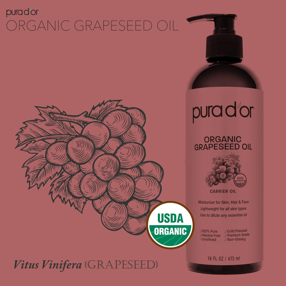 PURA D'OR 16 oz bottle beside measuring cup to show size and scale