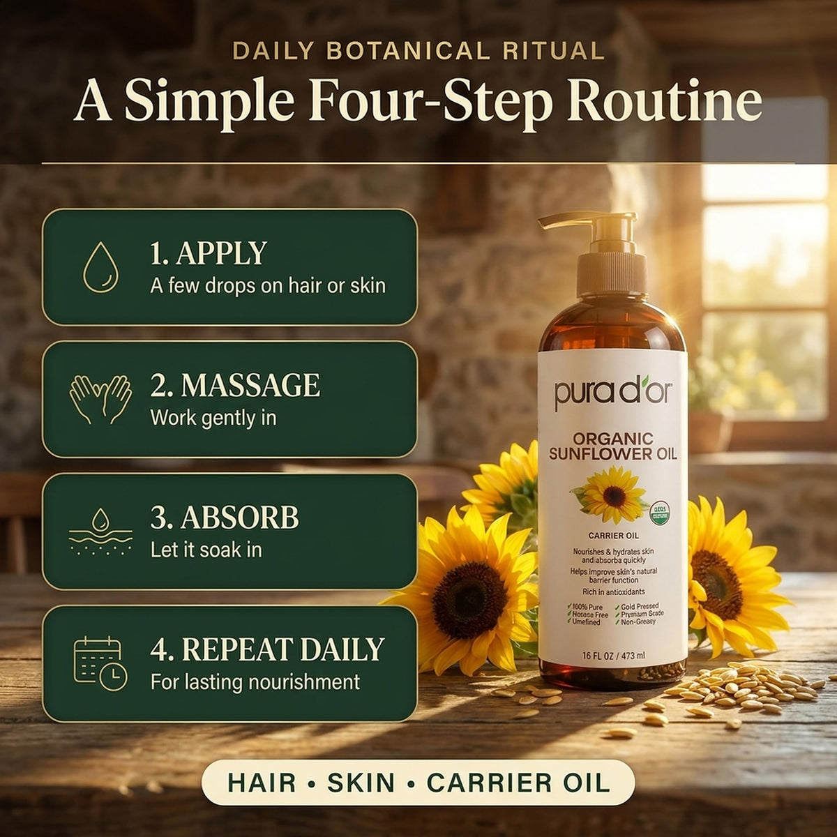 PURA D'OR oil used in hair pre-shampoo mask to nourish and add shine